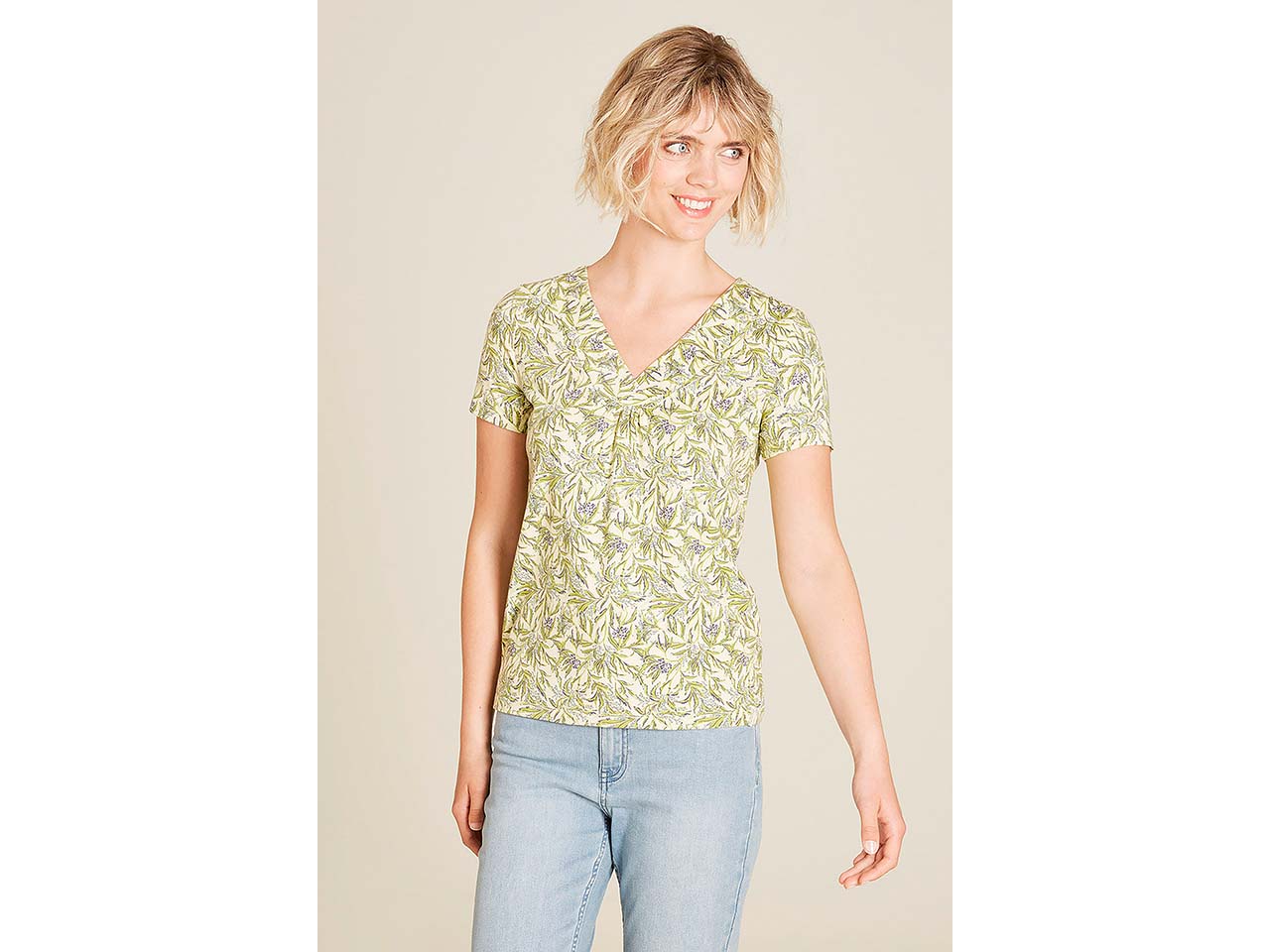 tranquillo Bio-Damen-T-Shirt mit abgesetztem V-Ausschnitt, summer leafs, Gr. M