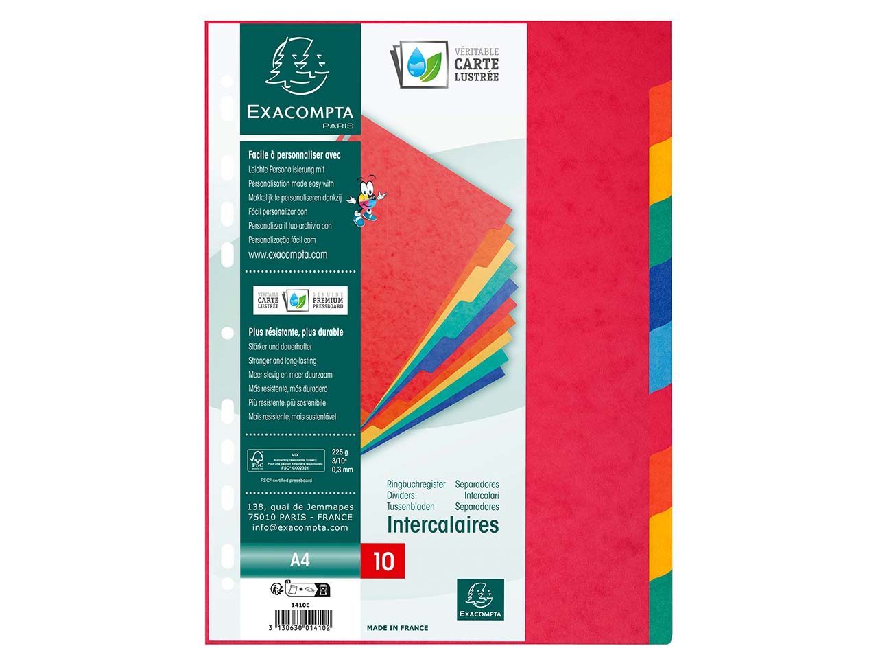 10 Exacompta Register, Colorspan-Karton, 10 Taben neutral, 225 g/m², DIN A4, sortiert