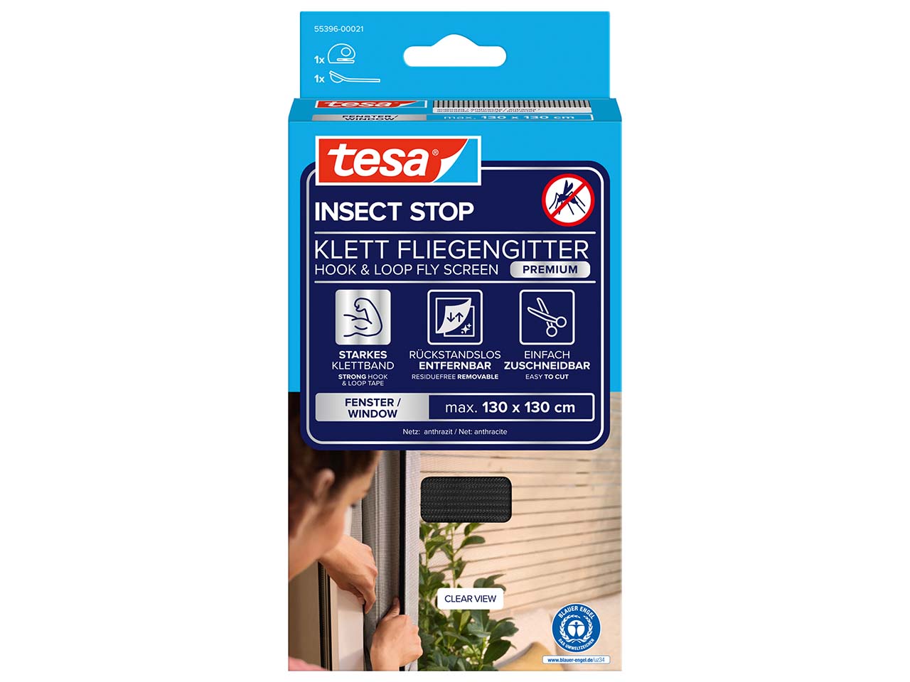 tesa Fliegengitter "Premium" für Fenster 130 x 130 cm, anthrazit
