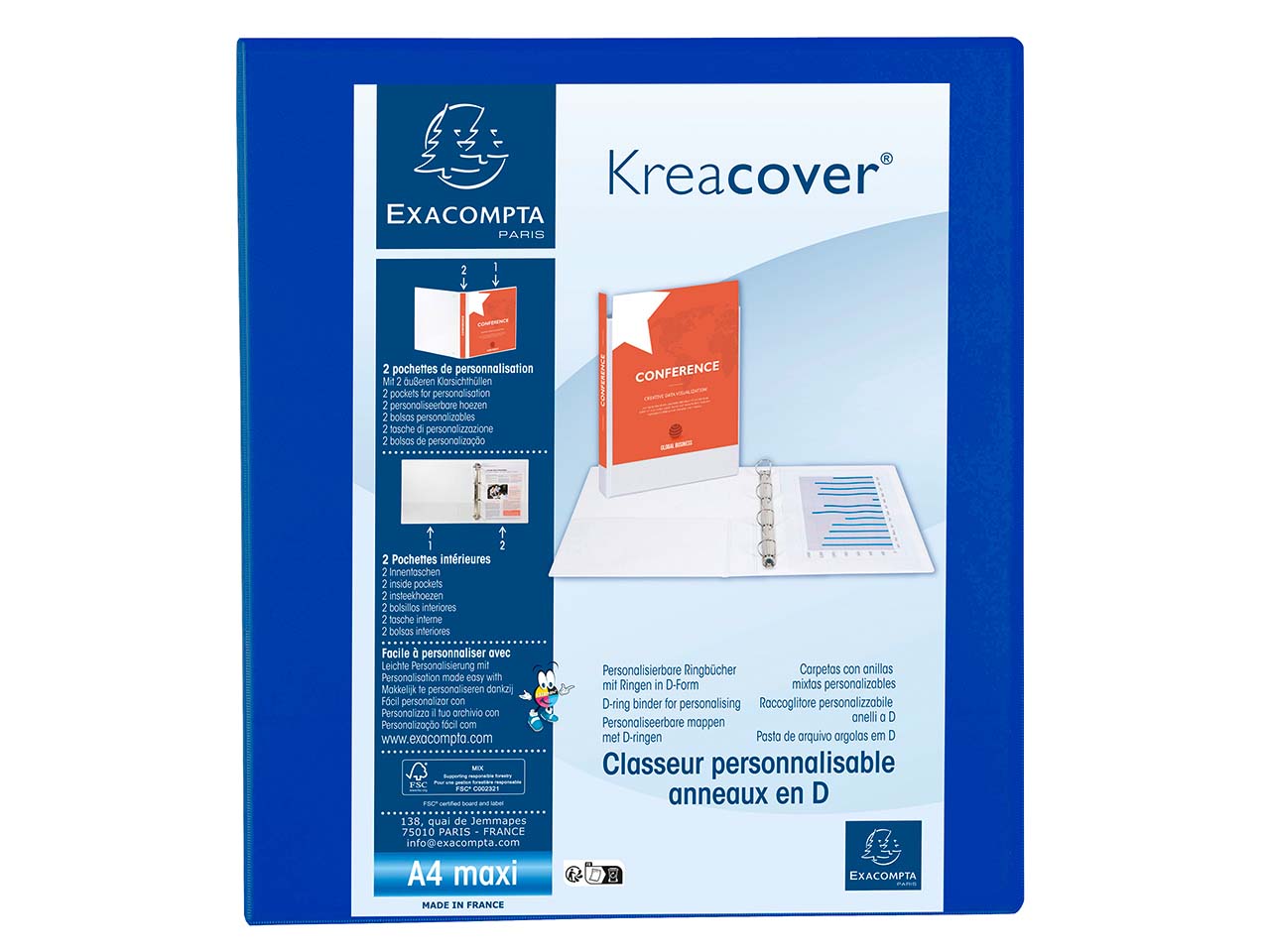 10 Exacompta Ringbücher "Kreacover", DIN A4 Maxi, 4 Ringe 40 mm, RB 64 mm, blau