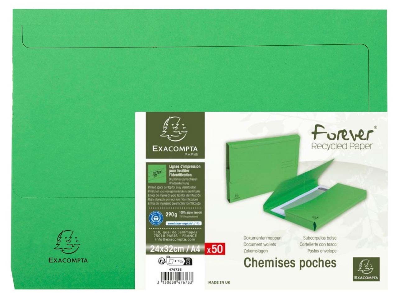 100 Exacompta Aktenmappen "Forever" mit Verschlusskappe, 290 g/m², DIN A4, intensivgrün