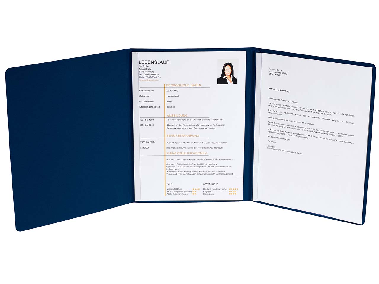 10 Exacompta Bewerbungsmappen in Leinenoptik, 400 g/m², DIN A4, 3-tlg. 2 Klemmsch., blau