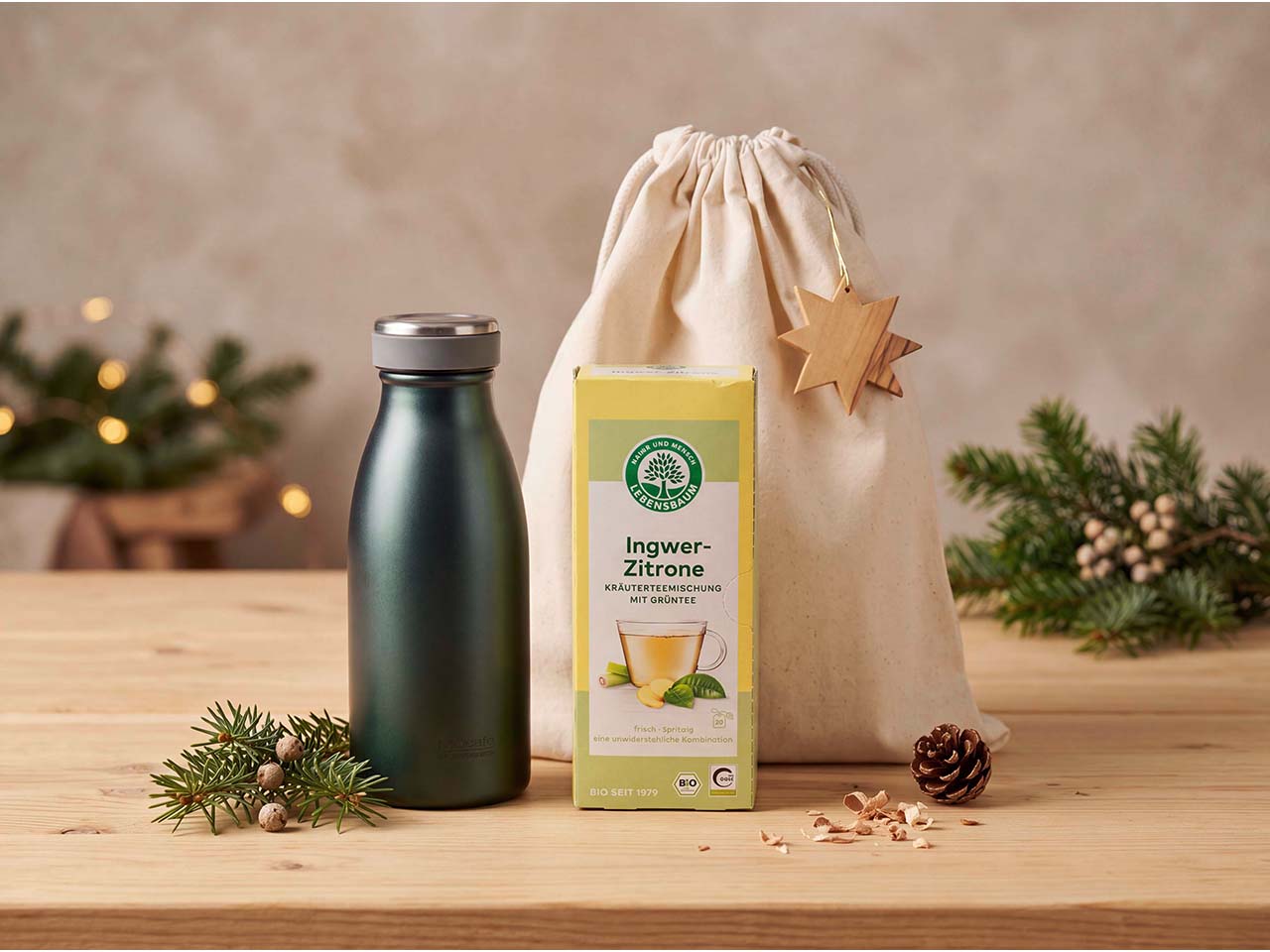 Geschenkset "Wohlfühlpaket" 3-tlg., mit Isolierflasche, Bio-Tee und Dekoanhänger