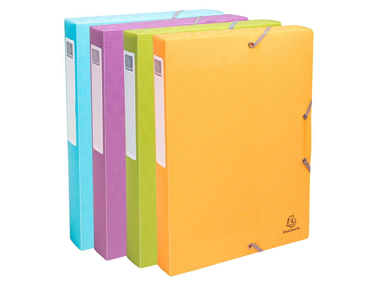 8 Exacompta Archivboxen "Pop'N Co", DIN A4, Gummizug, 3 Klappen, RB 40 mm, sortiert