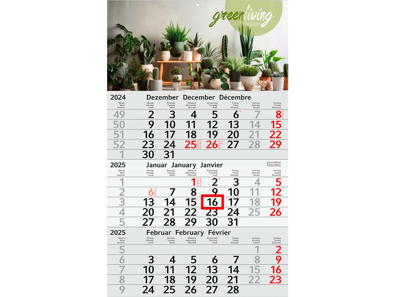 Dreimonatskalender "green & blue" inkl. 4-farbigem Aufdruck, hellgrau/rot