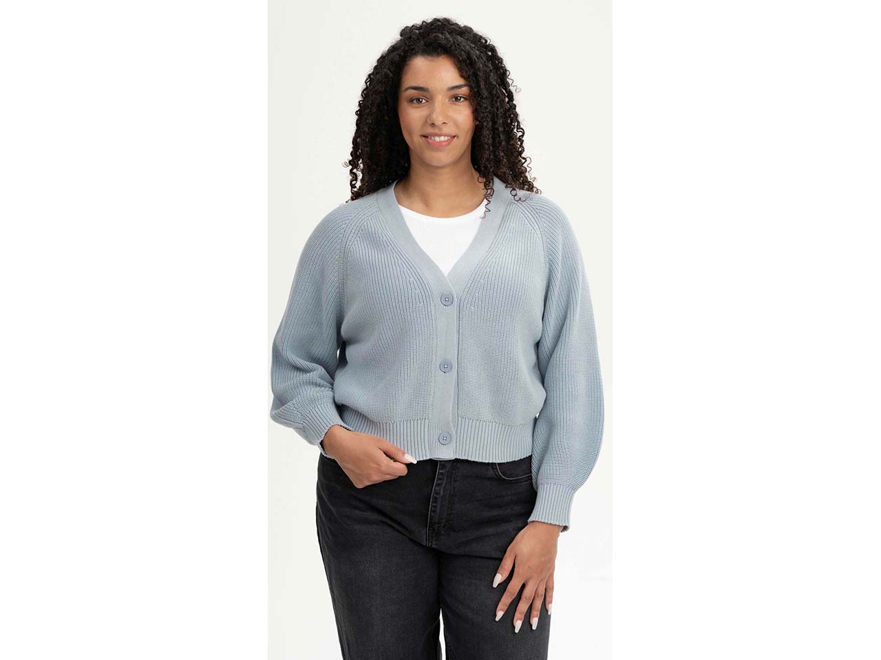 MELA Bio-Damen-Rippstrick-Cardigan "BHUMA" mit Raglan-Ärmel, cloudy blue, Gr. L