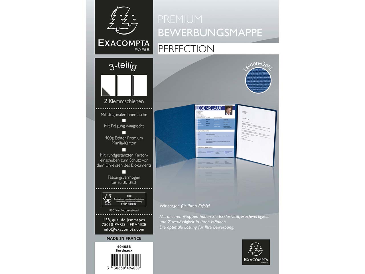 10 Exacompta Bewerbungsmappen "Perfection" 400 g/m², DIN A4, 2 Klemmsch., bordeaux
