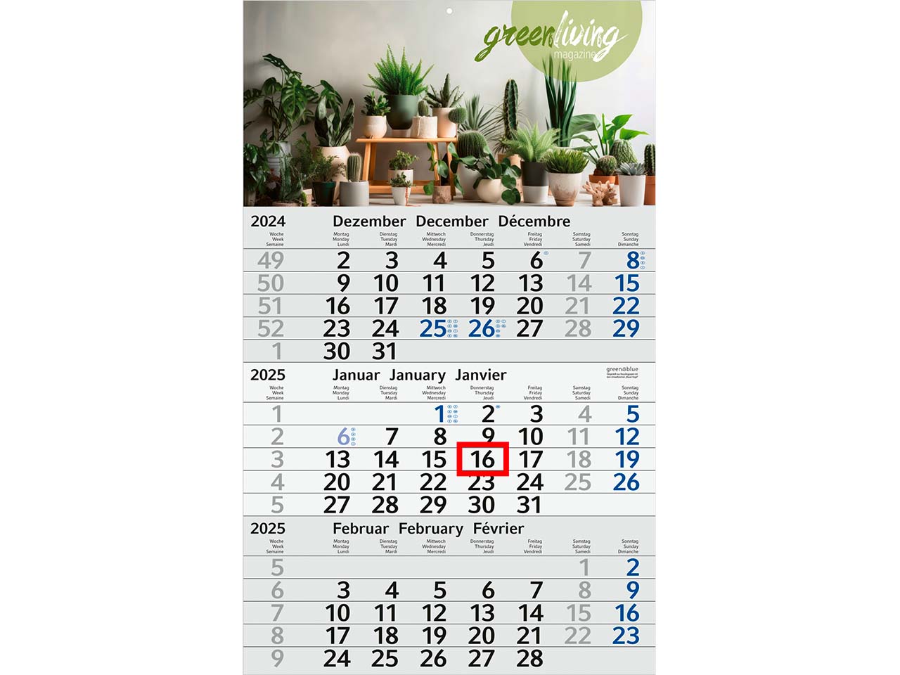 Dreimonatskalender "green & blue" inkl. 4-farbigem Aufdruck, hellgrau/blau