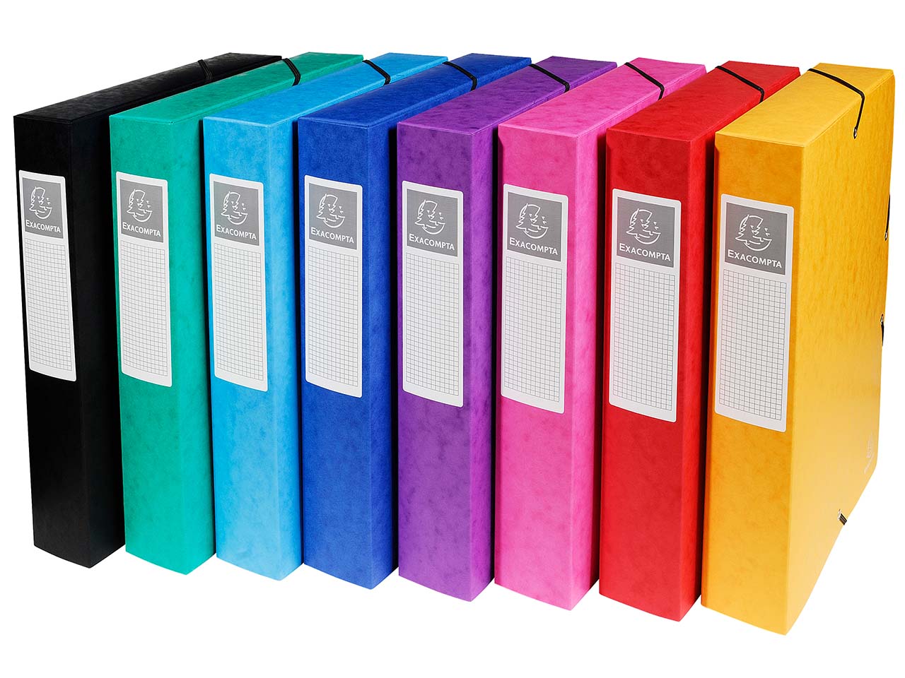 8 Exacompta Archivboxen, Colorspan-Karton, 600 g/m², DIN A4, Gummizug, RB 60 mm, sortiert
