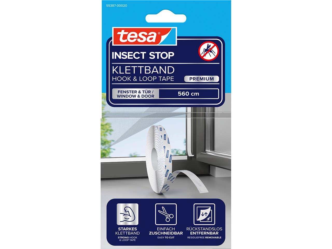 tesa Klettband Ersatzrolle für Fliegengitter, 5,6 m x 9 mm, weiß
