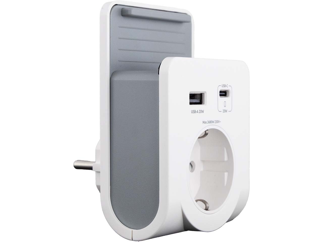 REV USB-Ladegerät mit 230 V Steckdose, USB-A, USB-C, Handyablage, weiß