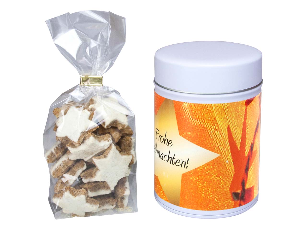 Bio-Zimtsterne in Maxi-Keksdose mit individueller 4-farbiger Banderole, 100 g