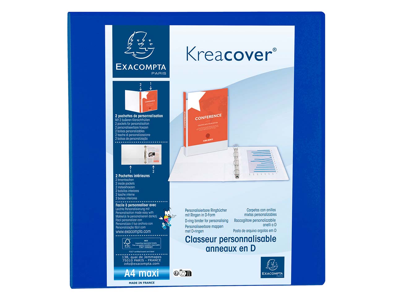 10 Exacompta Ringbücher "Kreacover", DIN A4 Maxi, 4 Ringe 60 mm, RB 90 mm, blau