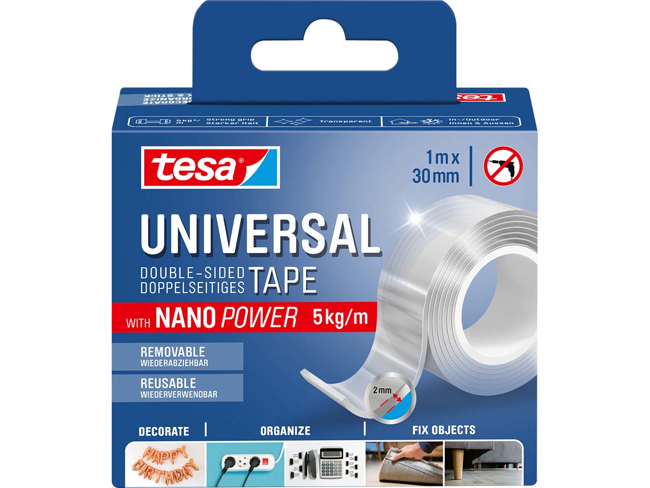 tesa Doppelseitiges Klebeband Universal Tape "Nano Power" 1 m, wiederabziehbar