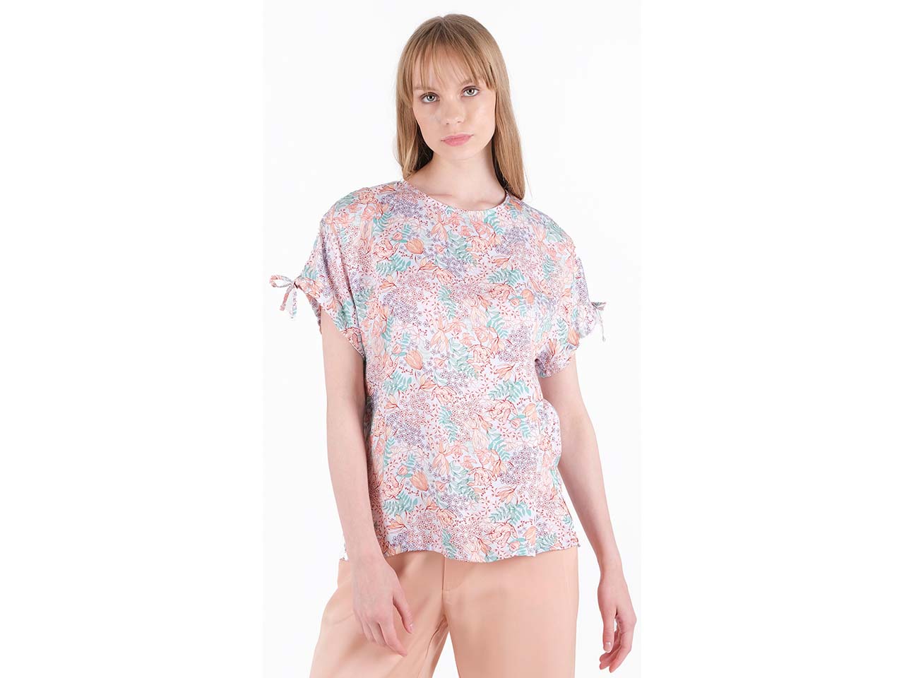 ORGANICATION Damen-Kurzarmbluse mit Rundhalsausschnitt, multi colour flower, Gr. L