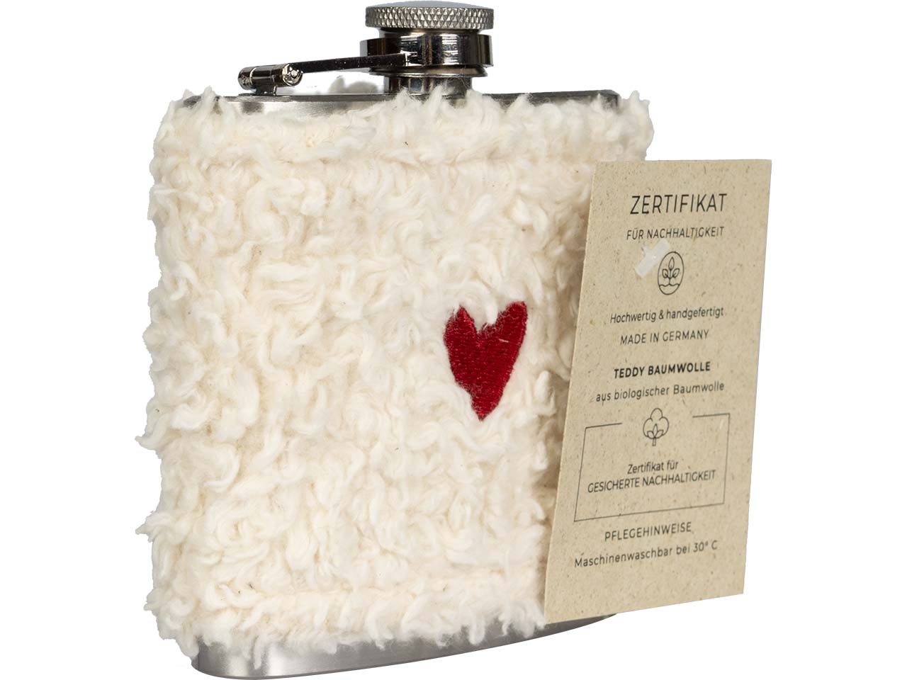 Flachmann "Seppl" mit Bezug aus Bio-Baumwolle, weiß, mit Herz bestickt, 6oz
