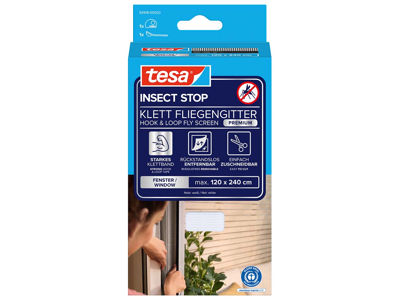 tesa Fliegengitter "Premium" für Fenster 120 x 240 cm, weiß
