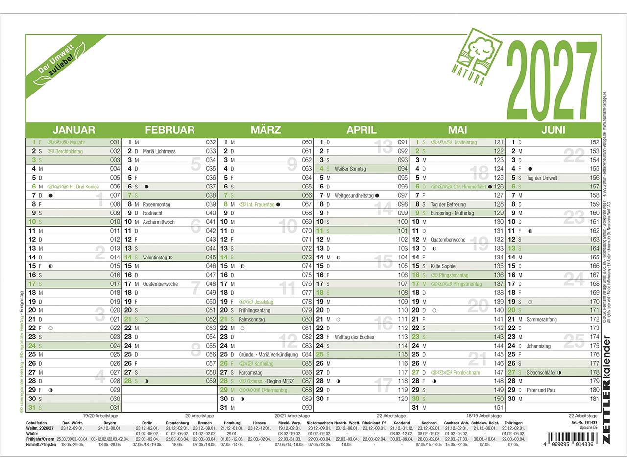 Zettler Wandtafelkalender aus Recyclingpapier, DIN A4, 2027