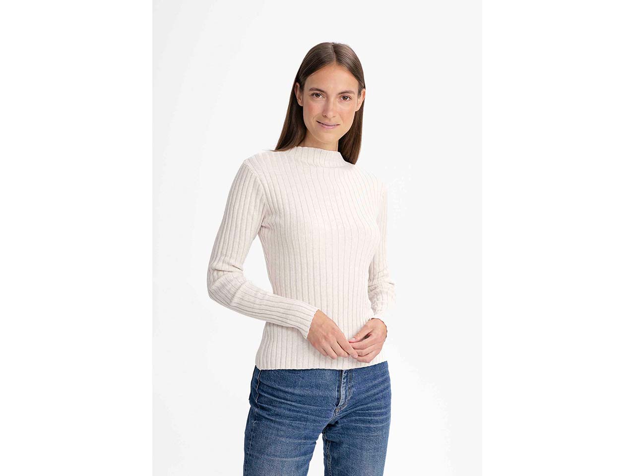 MELA Bio-Damen-Strickpullover 'NAMARI' mit kurzem Stehkragen, cream melange, Gr. L