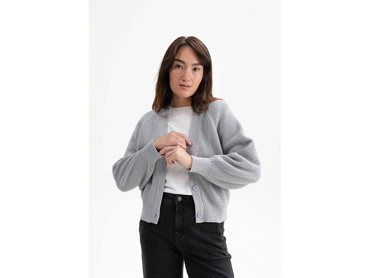 MELA Bio-Damen-Rippstrick-Cardigan 'BHUMA' mit Raglan-Ärmel, grau melange, Gr. M