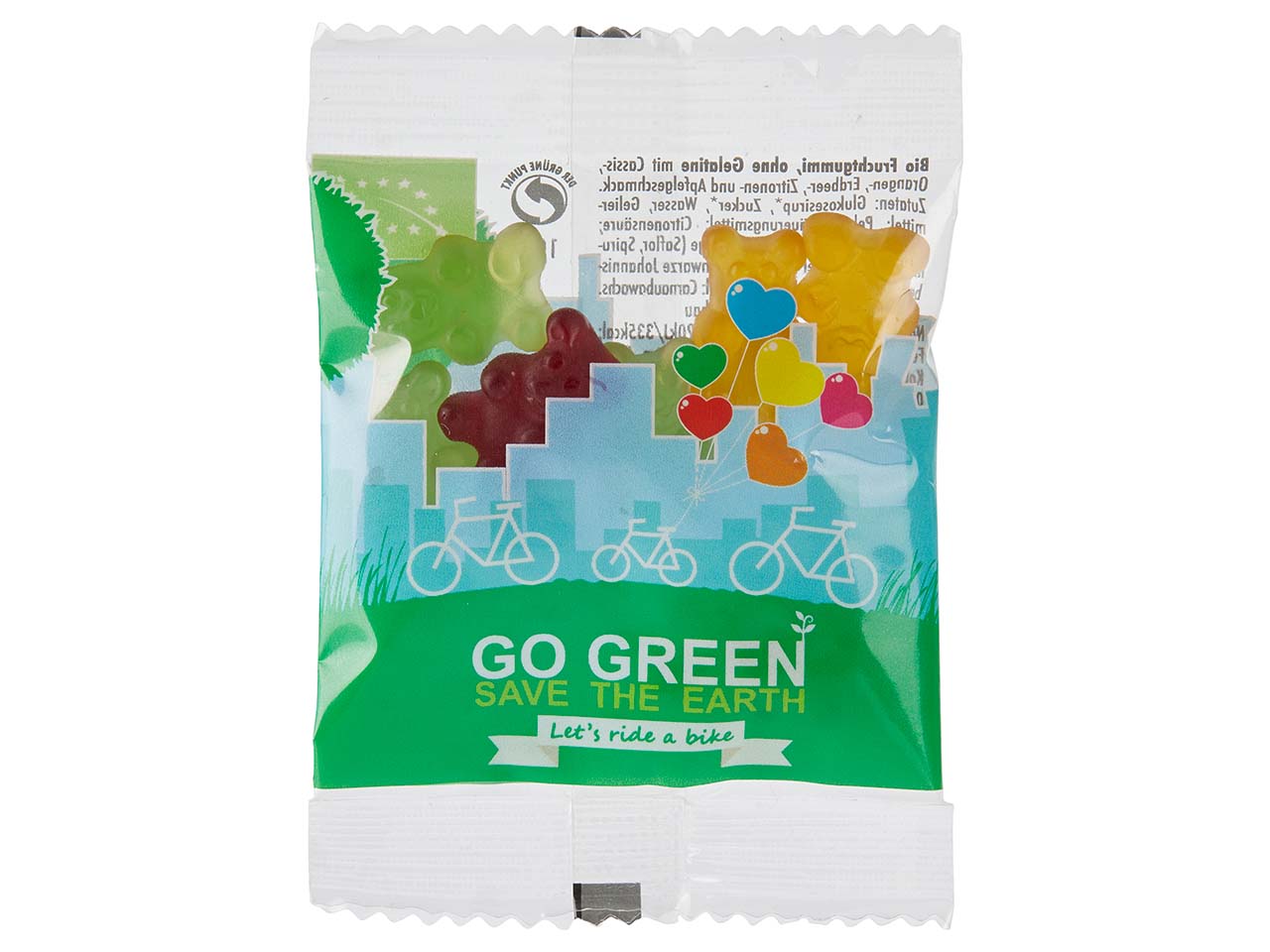 Vegane Bio-Fruchtgummi-Bärchen im kompostierbaren Tütchen 10 g, transparent