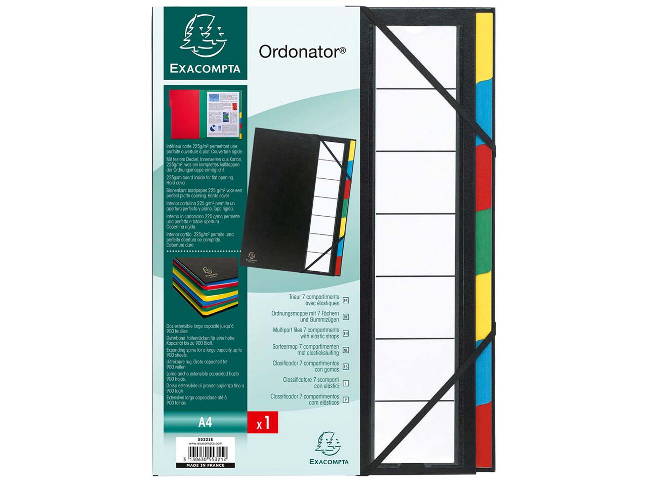 6 Exacompta Ordnungsmappen, DIN A4, Gummizug, dehnbarer Rücken, 7 Fächer, schwarz