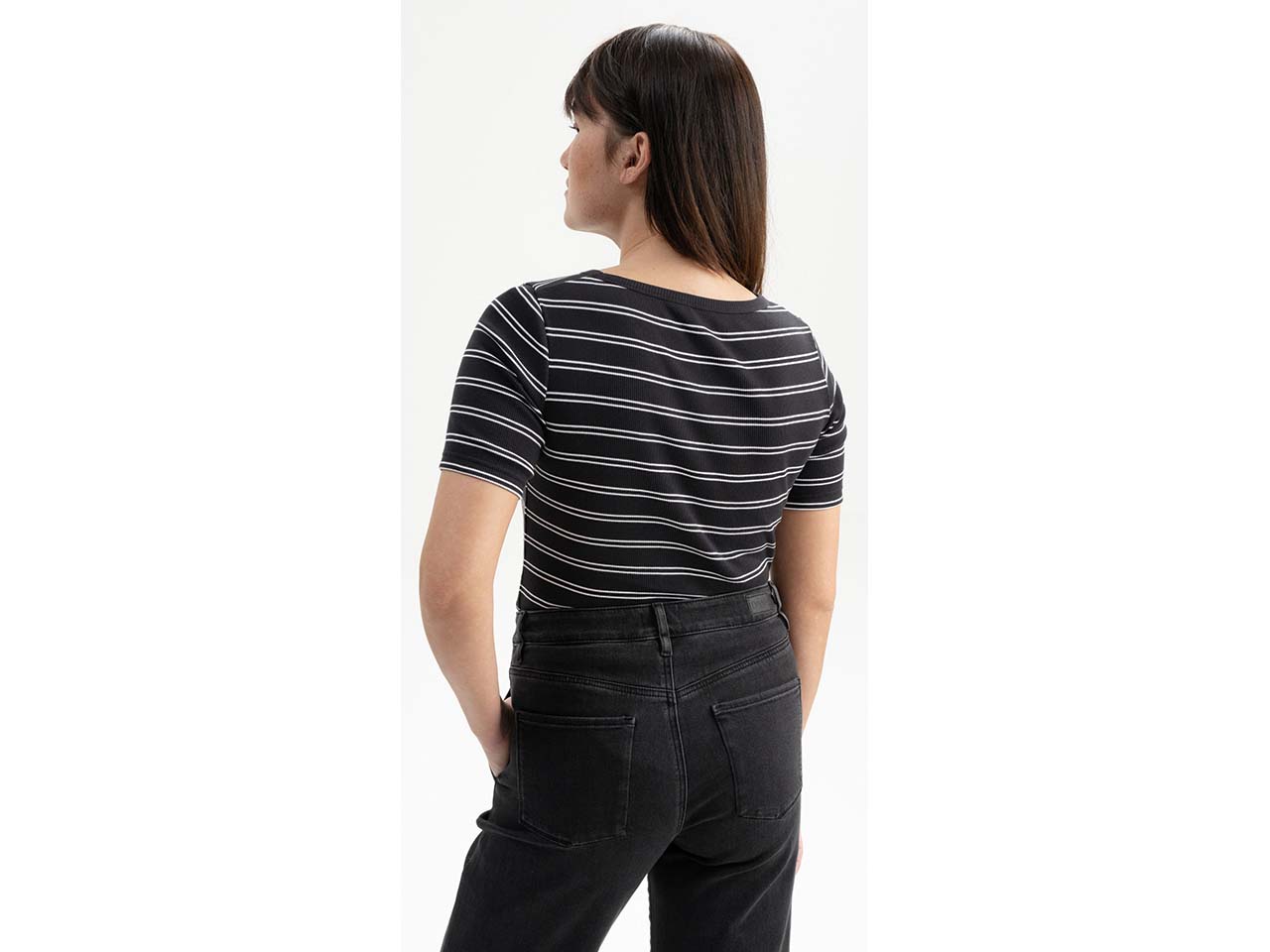 MELA Bio-Damen-Ripp-T-Shirt "JASLEEN" mit Rundhalsausschnitt, schwarz/weiß, Gr. S