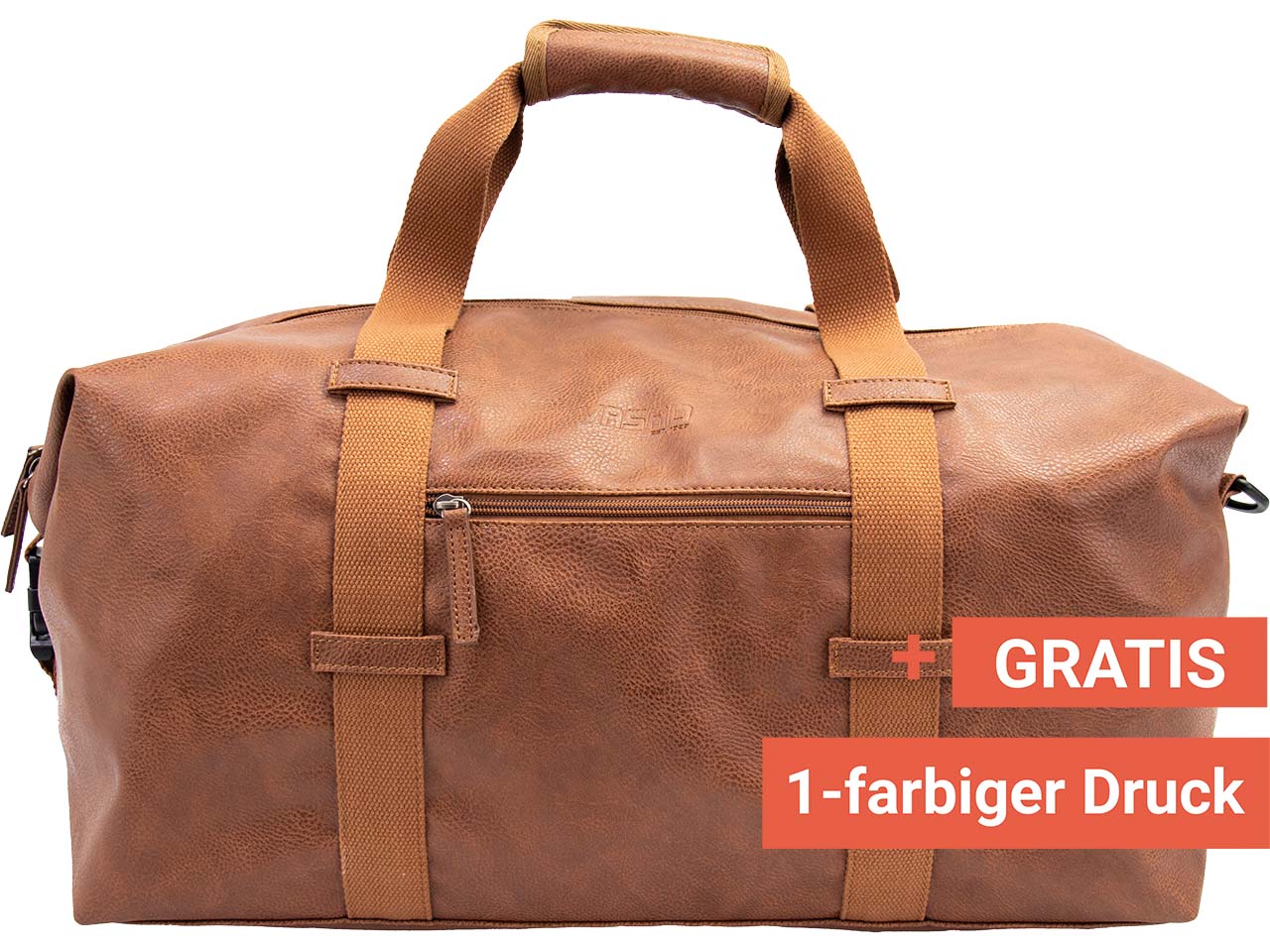 Klassische Reisetasche "Duffel" aus PU-Leder, inkl. 1c-Gratisdruck, cognac