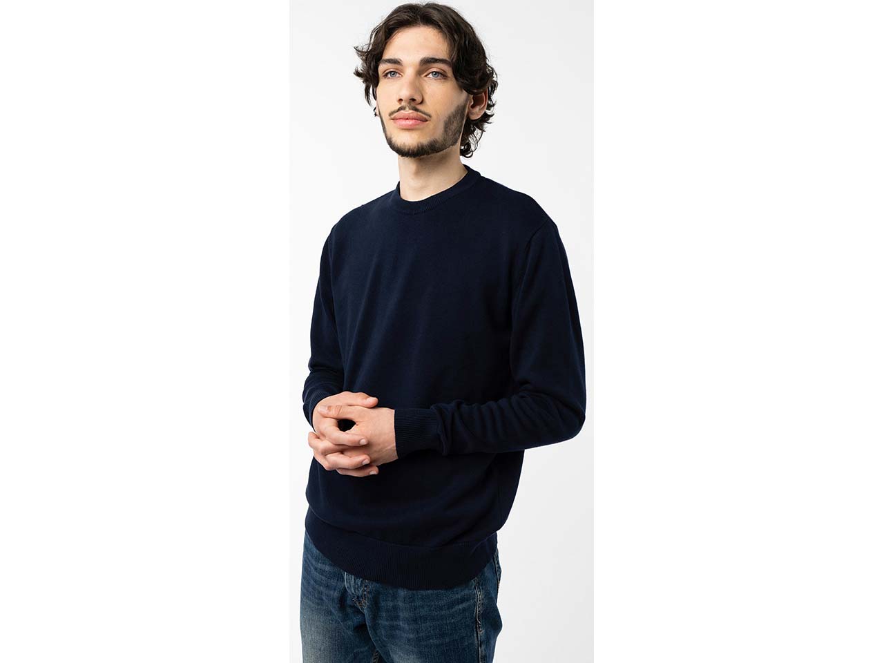 MELA Bio-Herren-Feinstrick-Pullover 'HIMAL' mit Rundhalsausschnitt, navy, Gr. L