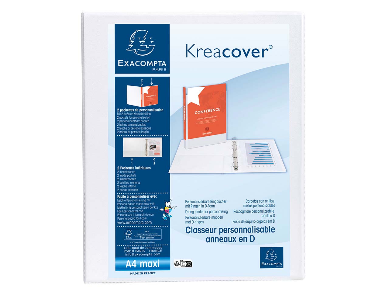 10 Exacompta Ringbücher "Kreacover", DIN A4 Maxi, 2 Ringe 20 mm, RB 38 mm, weiß