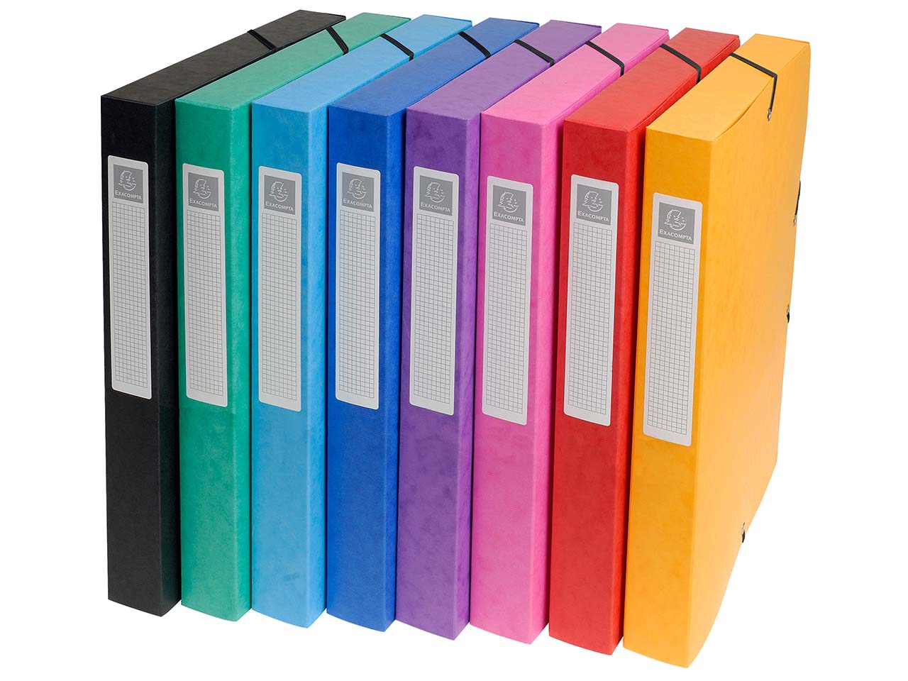 8 Exacompta Archivboxen, Colorspan-Karton, 600 g/m², DIN A4, Gummizug, RB 25 mm, sortiert