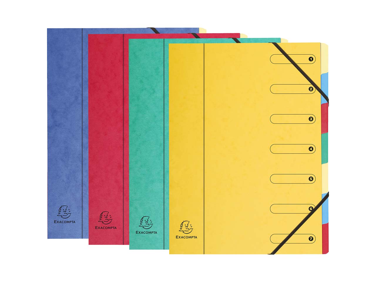 8 Exacompta Ordnungsmappen, Colorspan, 400 g/m², DIN A4, Gummizug, 7 Fächer, sortiert
