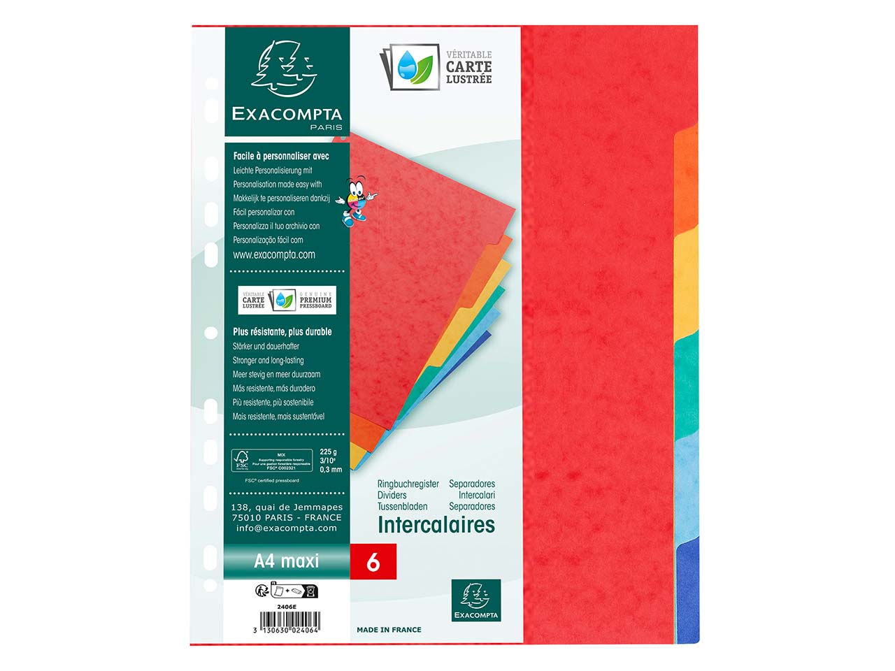 50 Exacompta Register, Colorspan-Karton, 6 Taben neutral, 225 g/m², DIN A4 Maxi, sortiert