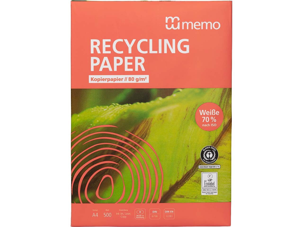 500 Blatt memo Recycling-Kopierpapier "memoPRINT" Weiße ISO 70, 80 g/m²