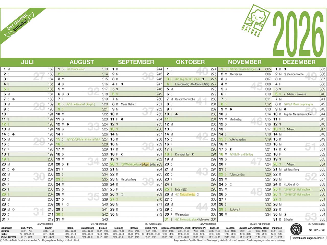 Zettler Wandtafelkalender DIN A4 2026