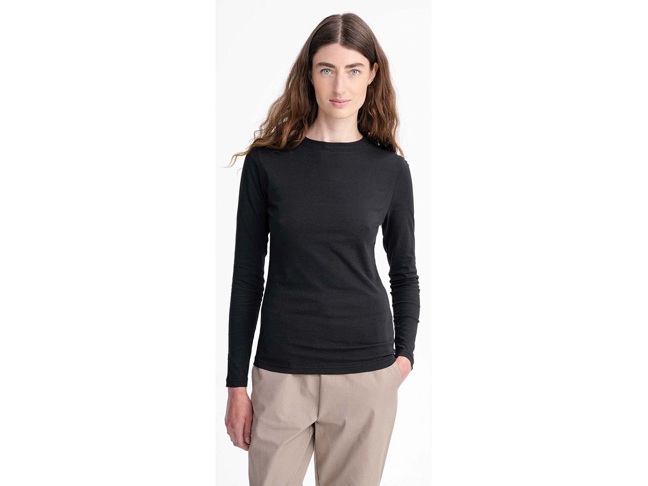 MELA Bio-Damen-Langarmshirt "DHIVYA" mit Feinripp-Rundhalsausschnitt, schwarz, Gr. M