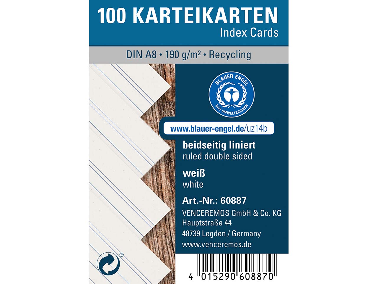 100 Karteikarten aus Recyclingkarton 170 g/m² DIN A8, weiß