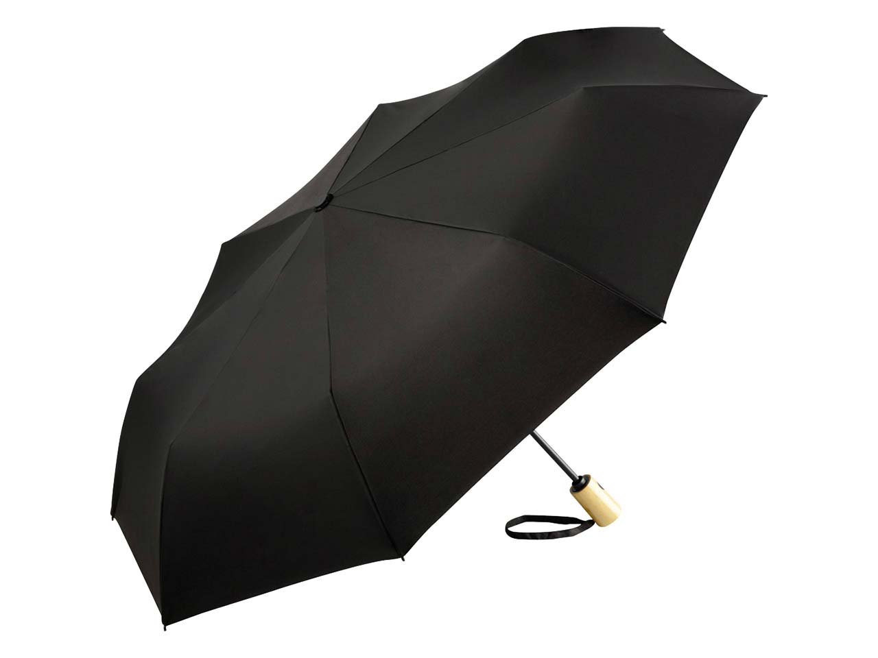 Taschenschirm 'ÖkoBrella' schwarz mit Recycling-Polyester-Bezug und Holzgriff