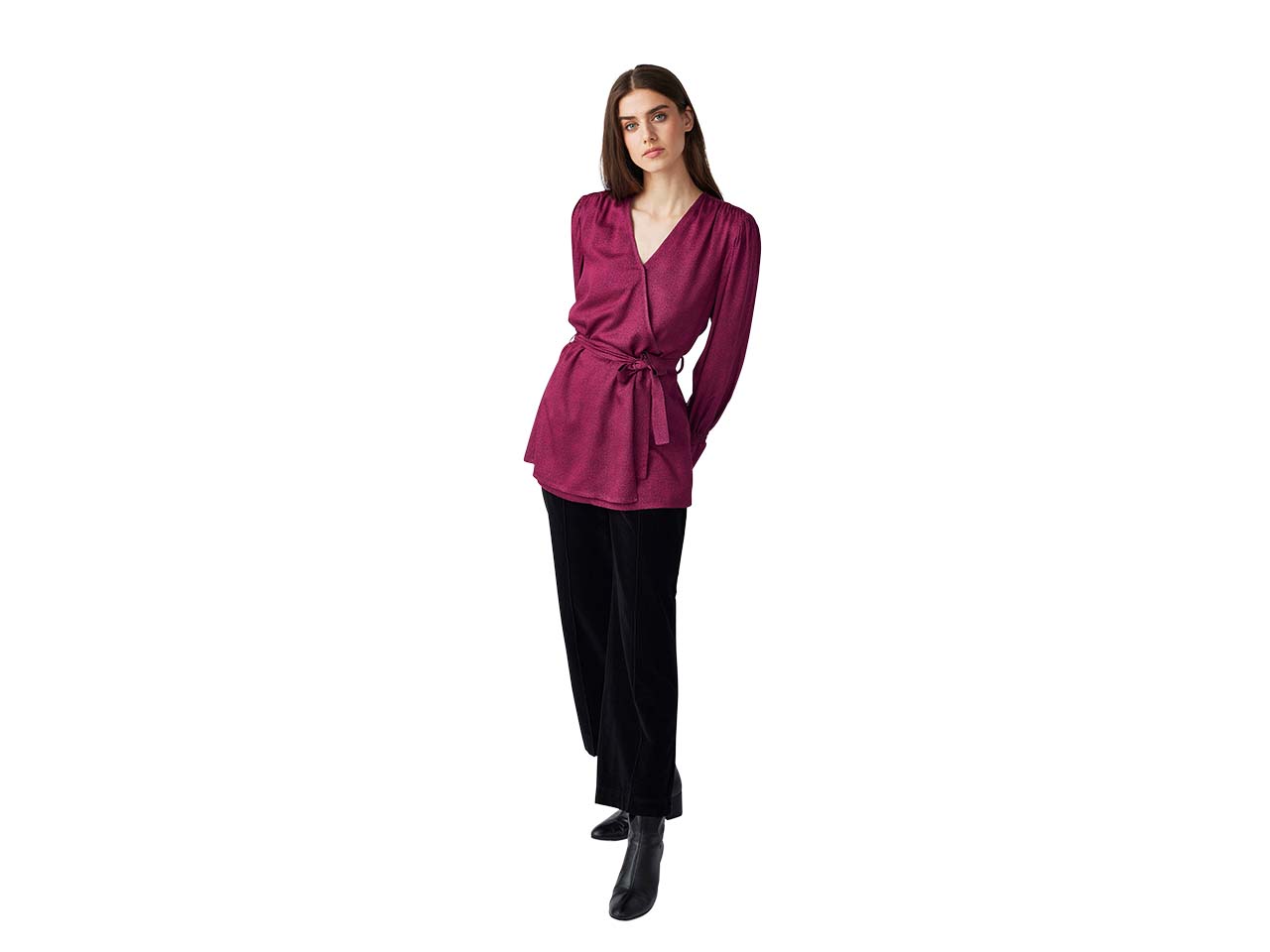 LANA Damen-Bluse "Patrycja" mit V-Ausschnitt und Bindegürtel, moose cerise, Gr. 38