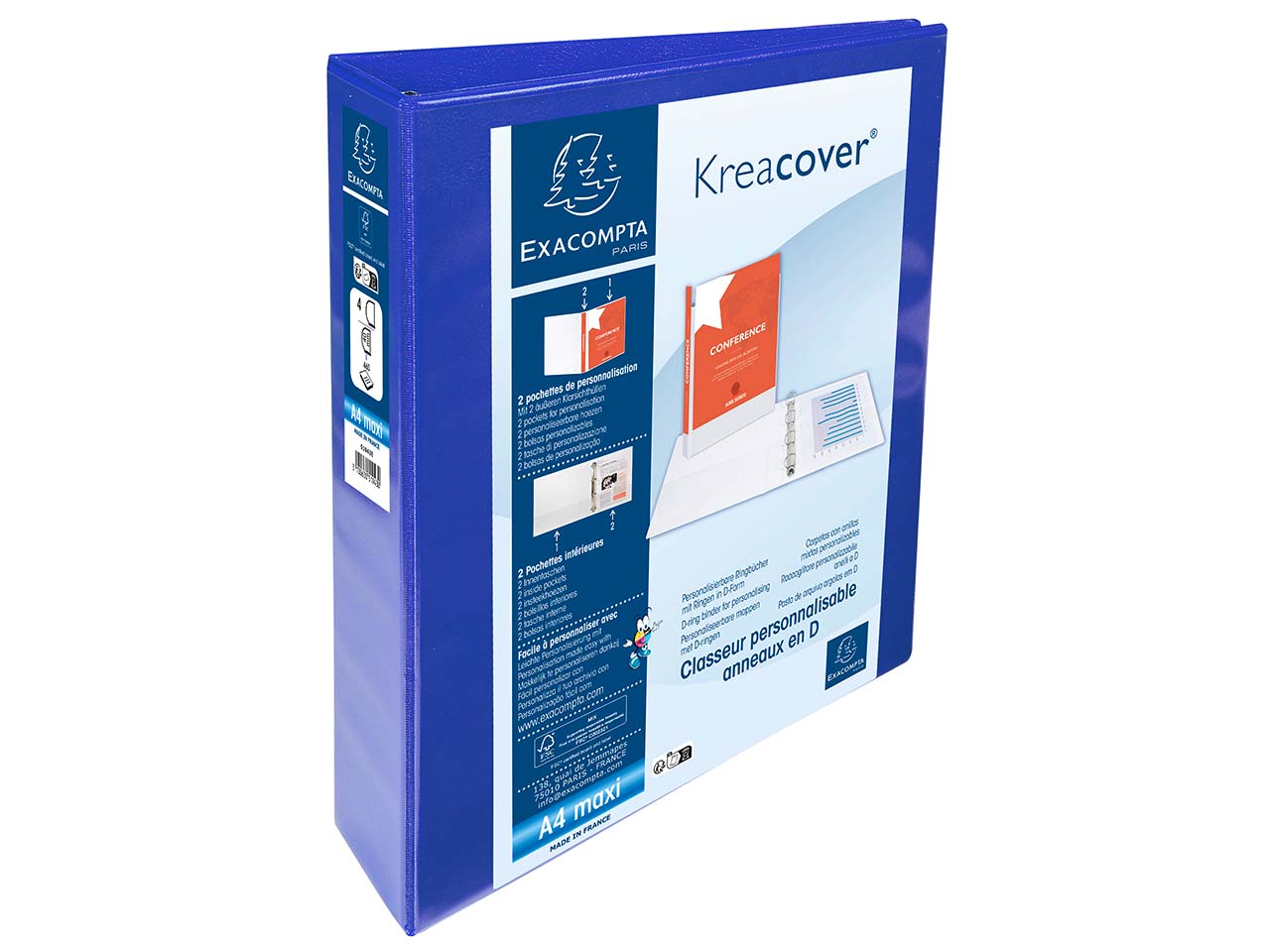 10 Exacompta Ringbücher "Kreacover", DIN A4 Maxi, 4 Ringe 40 mm, RB 64 mm, 2 Taschen, blau