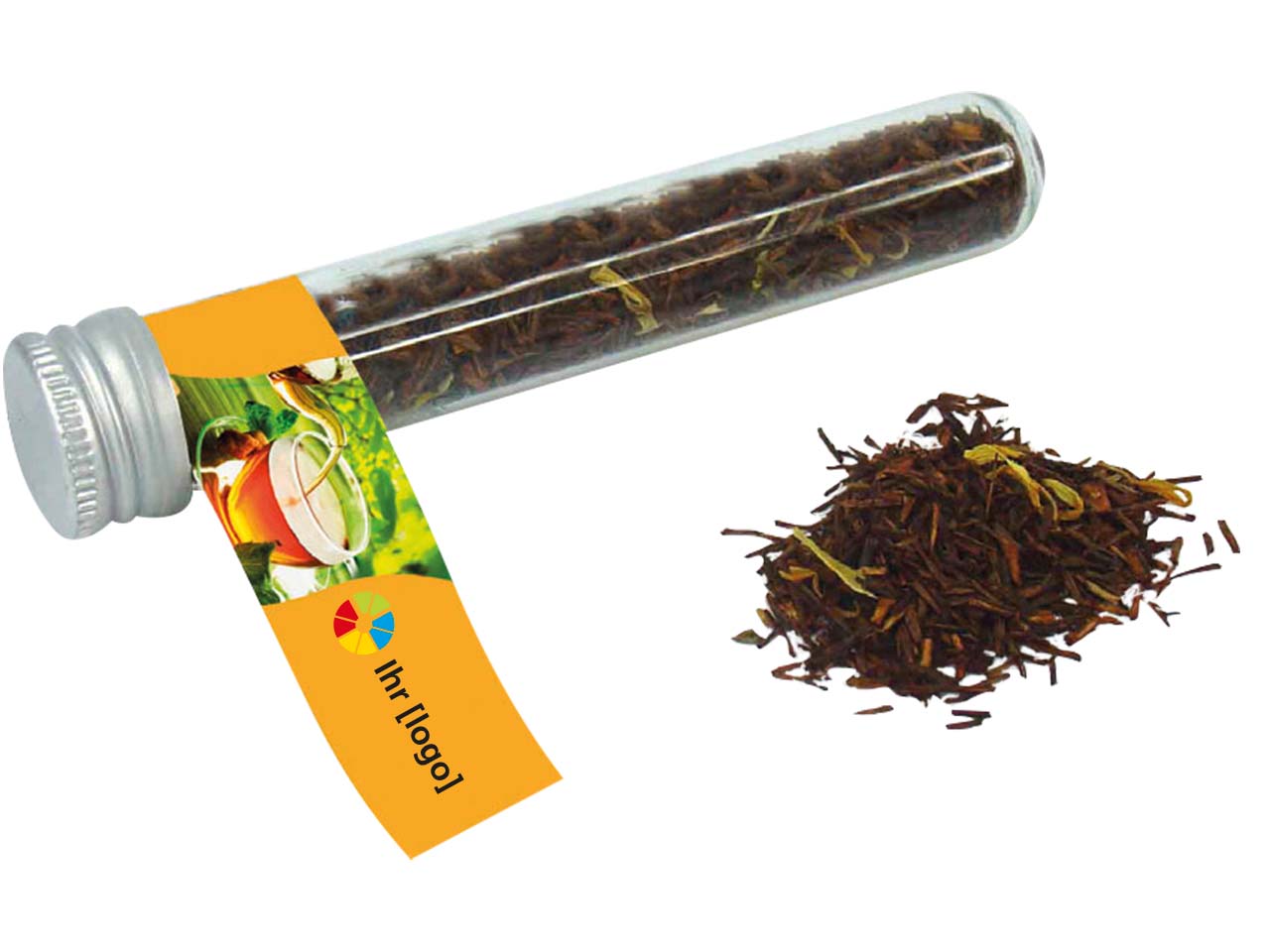 Reagenzglas mit Bio-Tee 'Roibusch' mit 1-4-farbigem Aufdruck