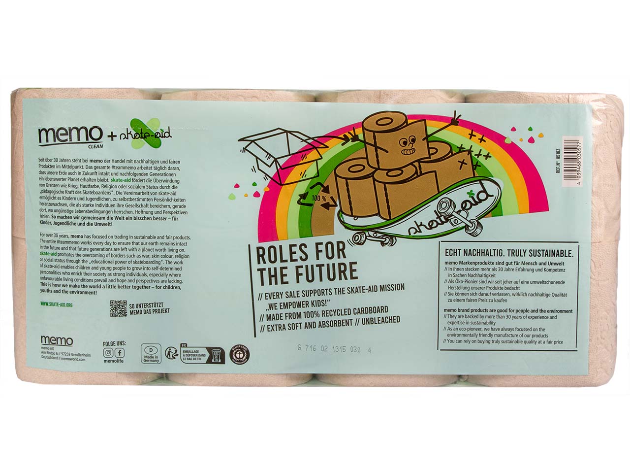 memo + skate-aid Recycling-Toilettenpapier "Rollen für die Zukunft" 3-lagig, 8 x 150 Blatt