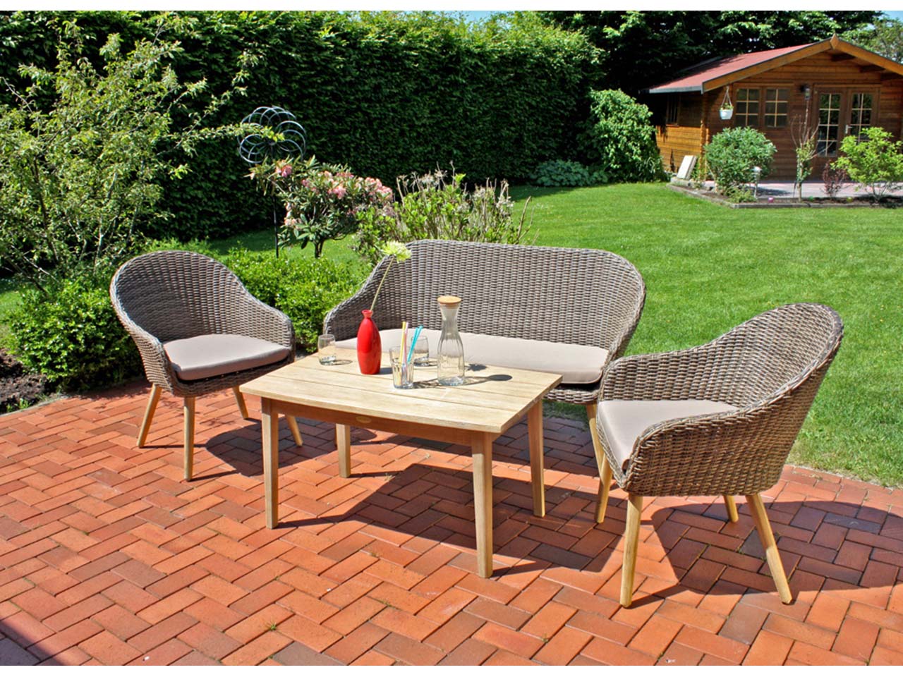 Gartenlounge-Set "PUEBLO" 4-tlg. 1 Tisch Akazie, 2 Sessel, 1 Bank Kunststoffgeflecht grau