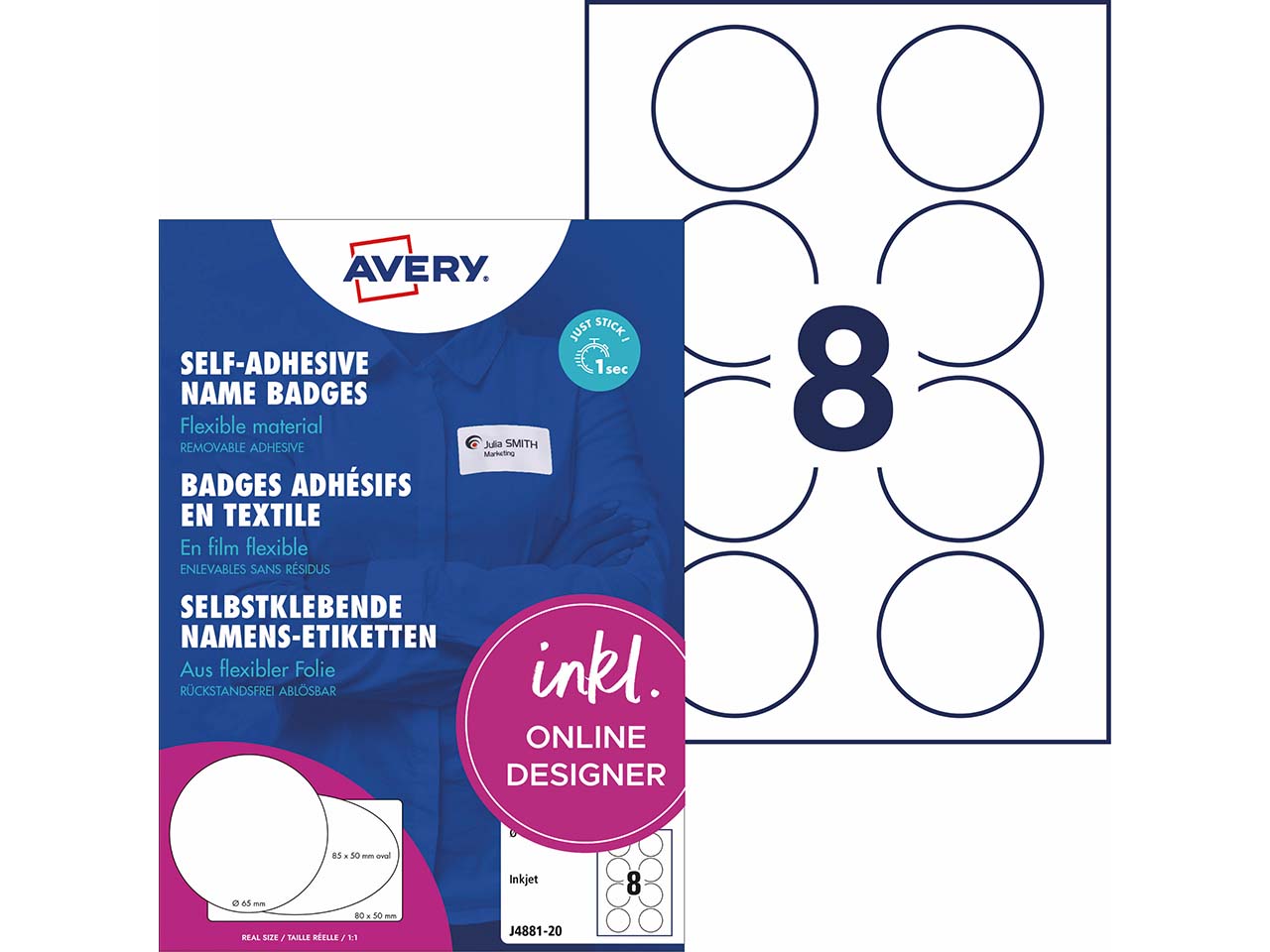 Avery Zweckform Selbstklebende Namens-Etiketten Inkjet "J4881" 160 Stk. rund 65mm, weiß