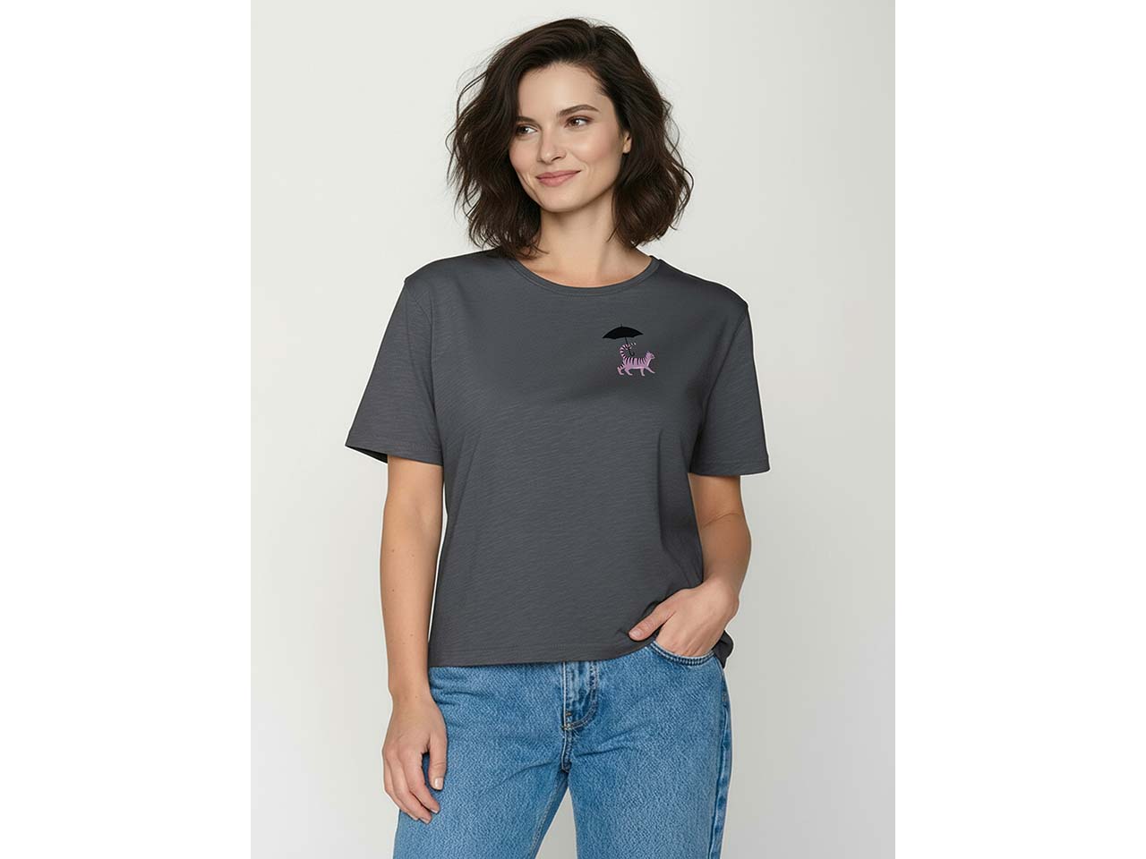 GREENBOMB Bio-Damen-T-Shirt 'Cat Walk' weit geschnitten, gravel, Gr. L