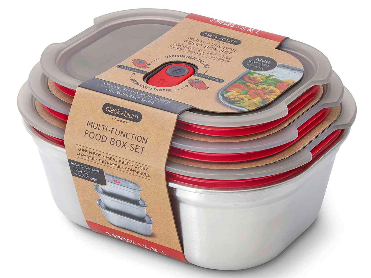 black+blum Frischhaltebox "Food Box" Edelstahl, rechteckig, 3 Stk. 600+900+1200 ml