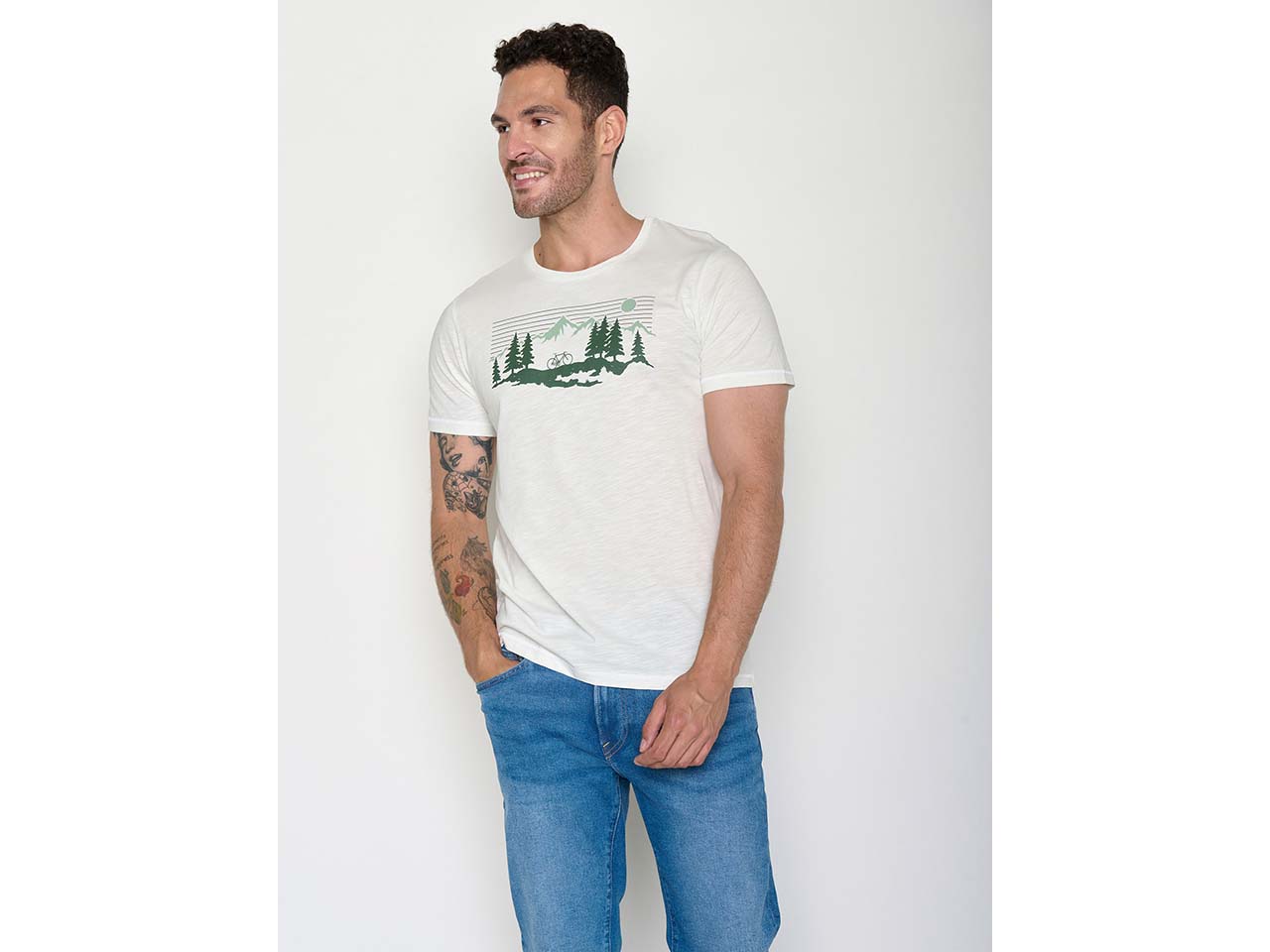 GREENBOMB Bio-Herren-T-Shirt "Bike Mountain Pines" mit Rundhalsausschnitt, moonstone, Gr.L