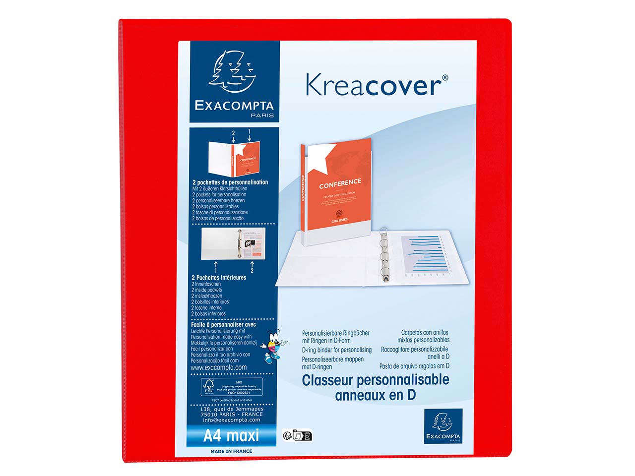 10 Exacompta Ringbücher "Kreacover", DIN A4 Maxi, 4 Ringe 40 mm, RB 64 mm, rot