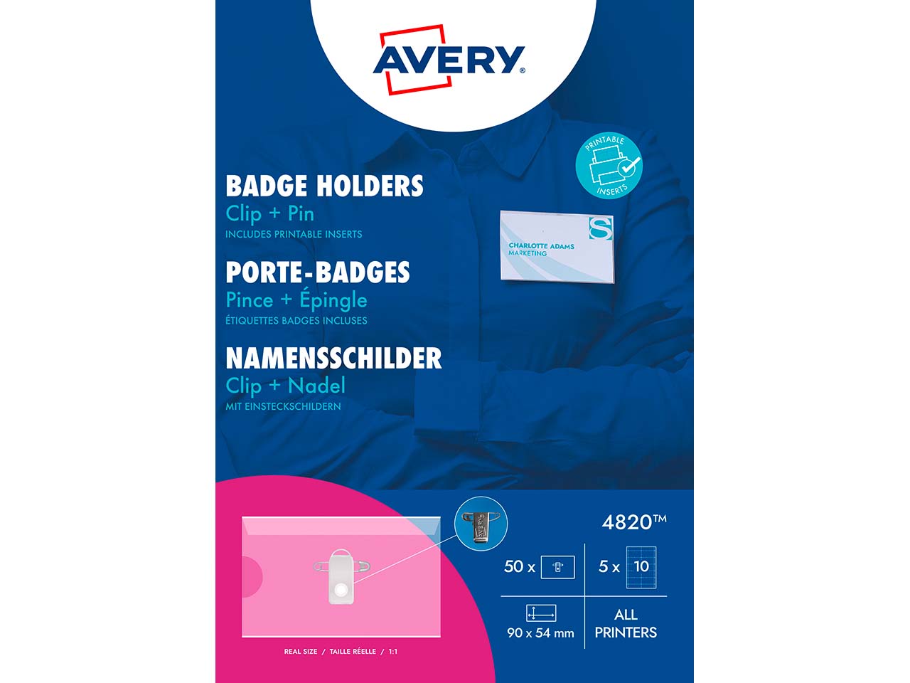 Avery Zweckform 50 Namensschilder mit Hülle, Clip+Pin, 90 x 54 mm