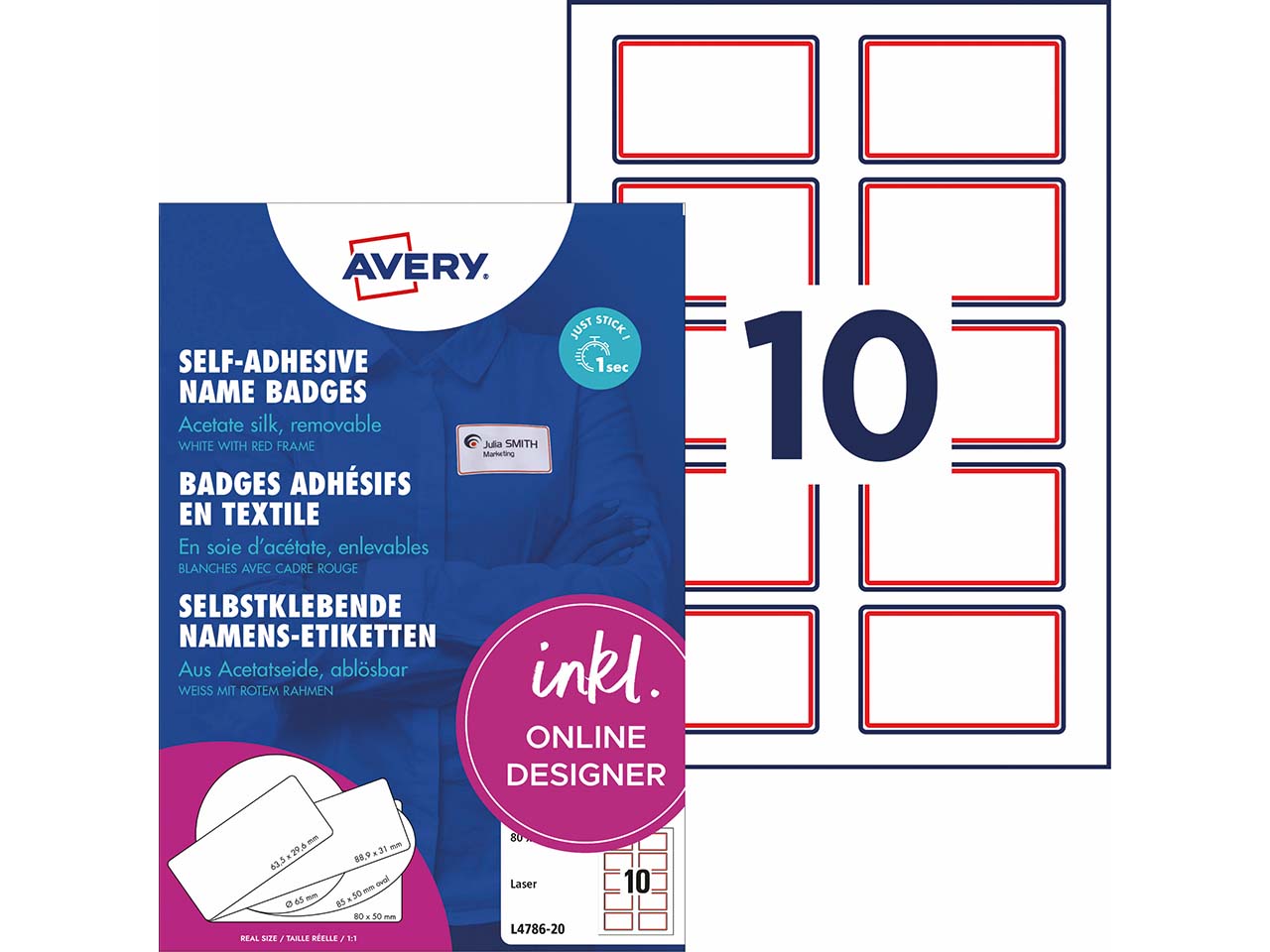 Avery Zweckform Selbstklebende Namens-Etiketten Laser "L4786" 200 Stk. 80x50mm, weiß/rot